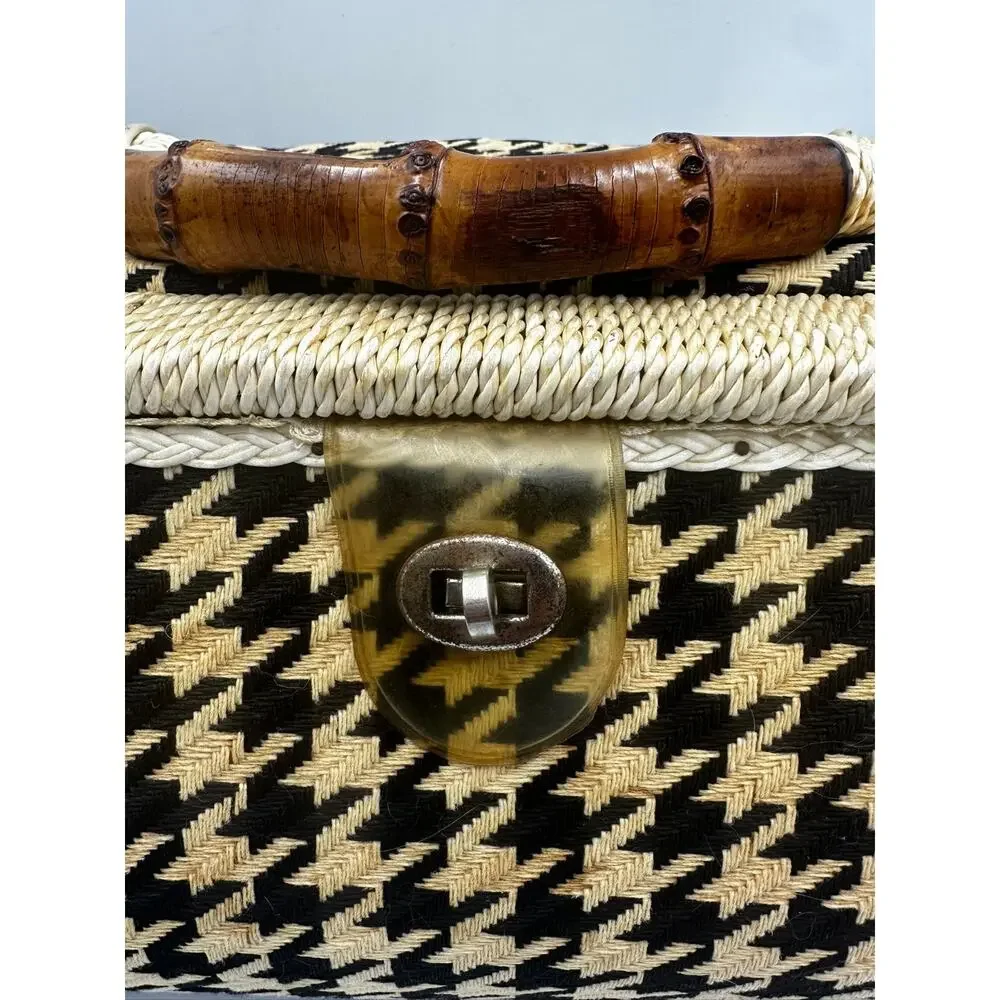 Vintage Singer Sewing Basket Houndstooth Bamboo Handle Box